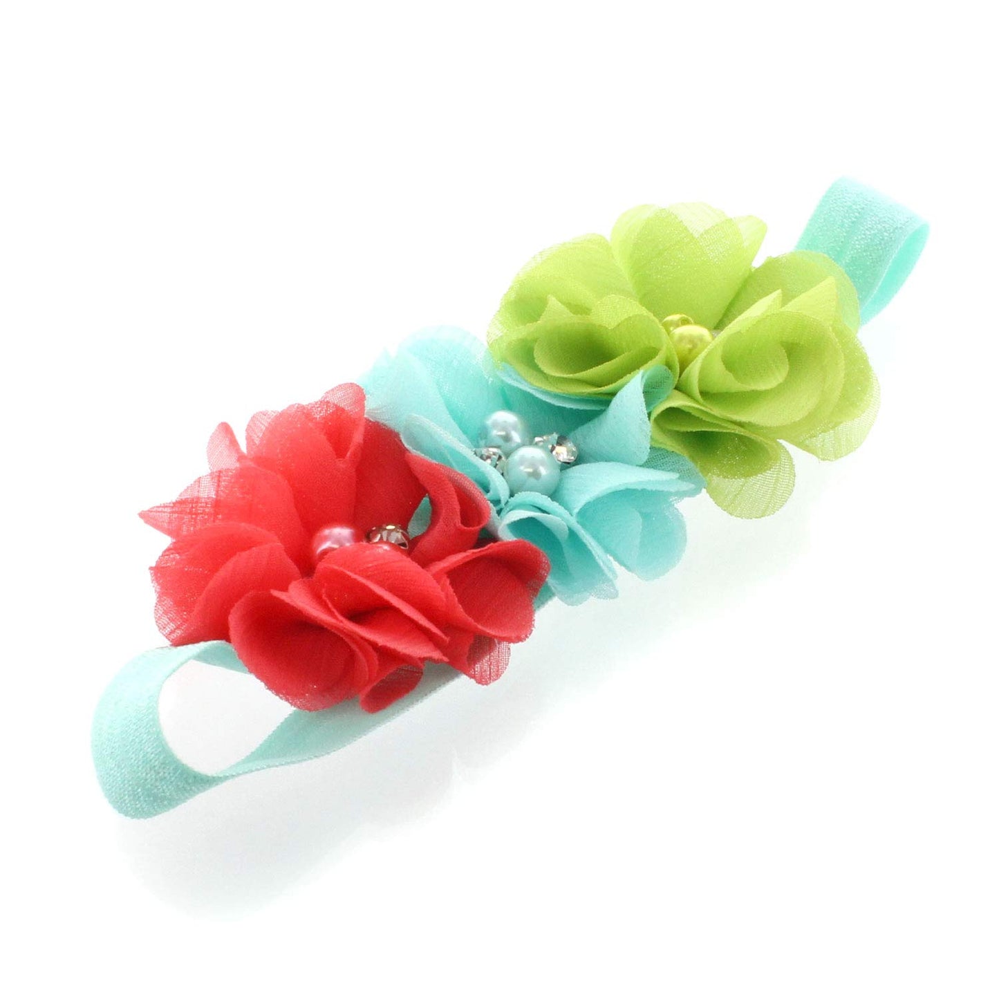 My Lello Girls Flower Headbands Fabric Toddler Beaded Trio Stretchy Elastic Pair (Aqua/Coral/Green/Ivory)