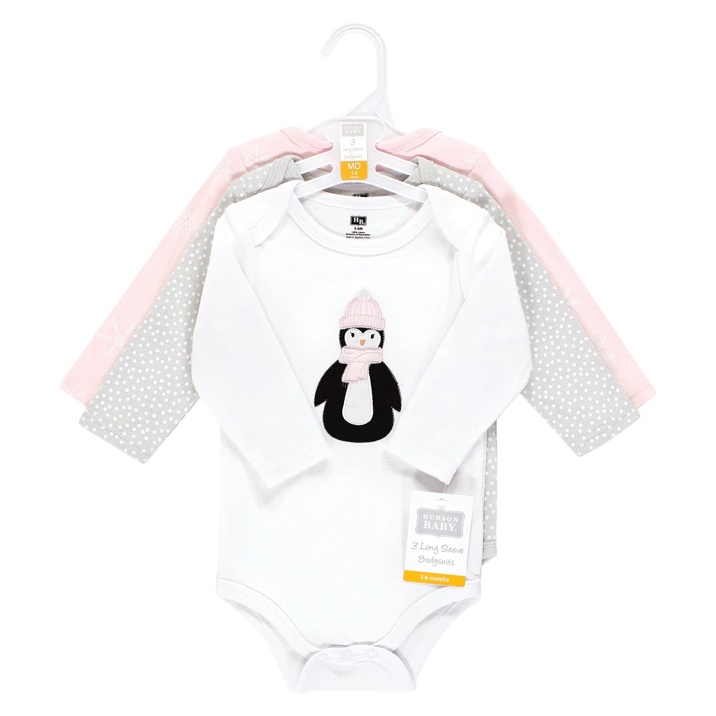 Hudson Baby Unisex Baby Cotton Long-Sleeve Bodysuits, Pink Penguin 3-Pack, 3-6 Months