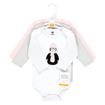 Hudson Baby Unisex Baby Cotton Long-Sleeve Bodysuits, Pink Penguin 3-Pack, 3-6 Months
