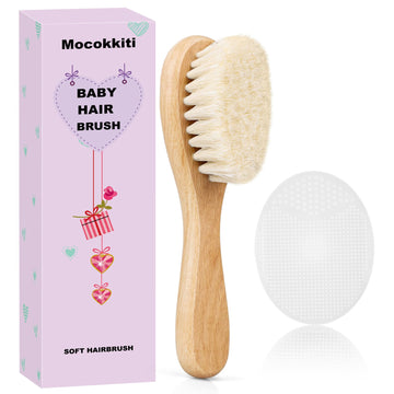Mocokkiti Baby Hair Brush and White Cradle Cap Brush Set for Newborns and Toddlers, Wooden Baby Hair Brush Set with Soft Goat Br