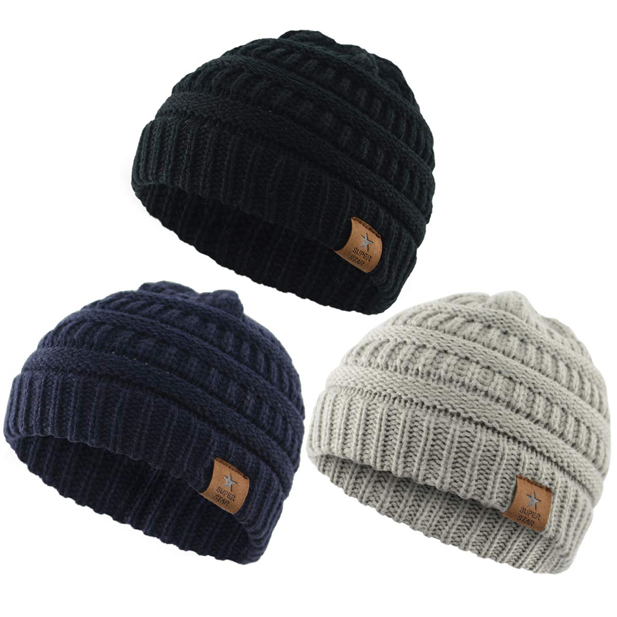 Durio Soft Warm Knitted Baby Hats Caps Cute Cozy Chunky Winter Infant Toddler Baby Beanies For Boys Girls 3 Pack Black & Light G