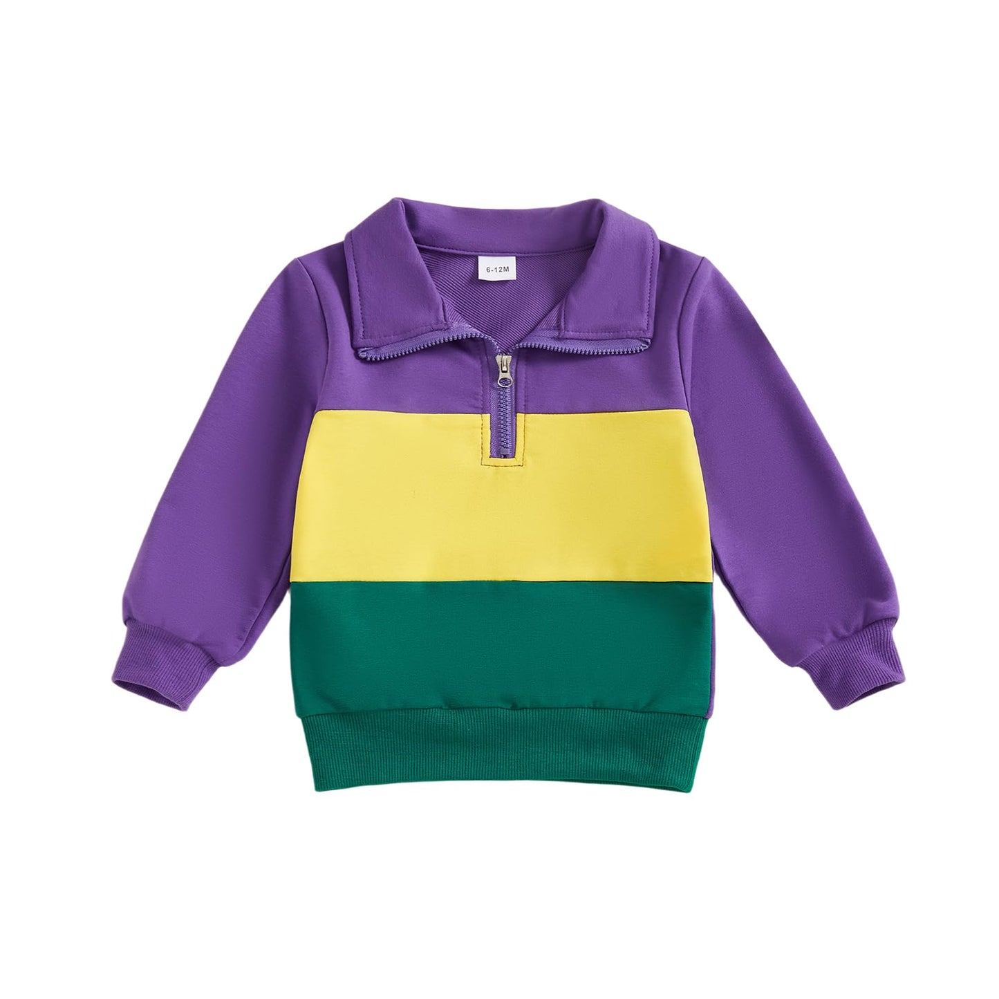 Nibbcoa Toddler Baby Boy Girl Mardi Gras Outfit Long Sleeve Purple Yellow Green Pullover Quarter Zip Sweatshirt Top (Purple, 6-1