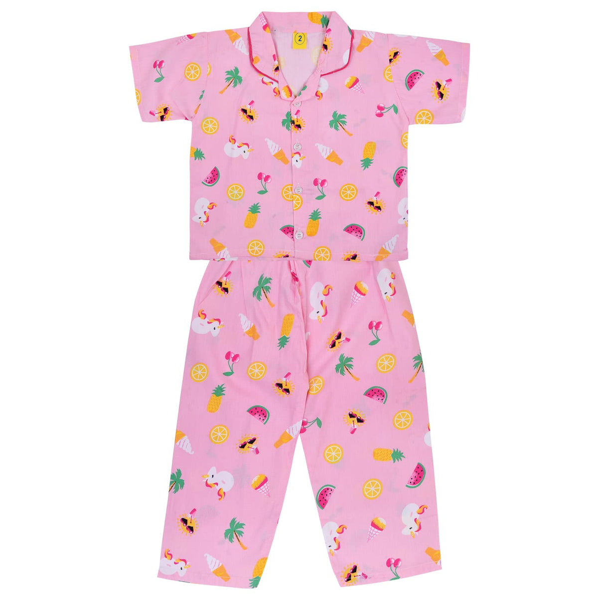Wish Karo Unisex Cotton Night Dress Top & Bottom Pajama Set for Girls and Boys(nd58pnk_Pink_1824mths)