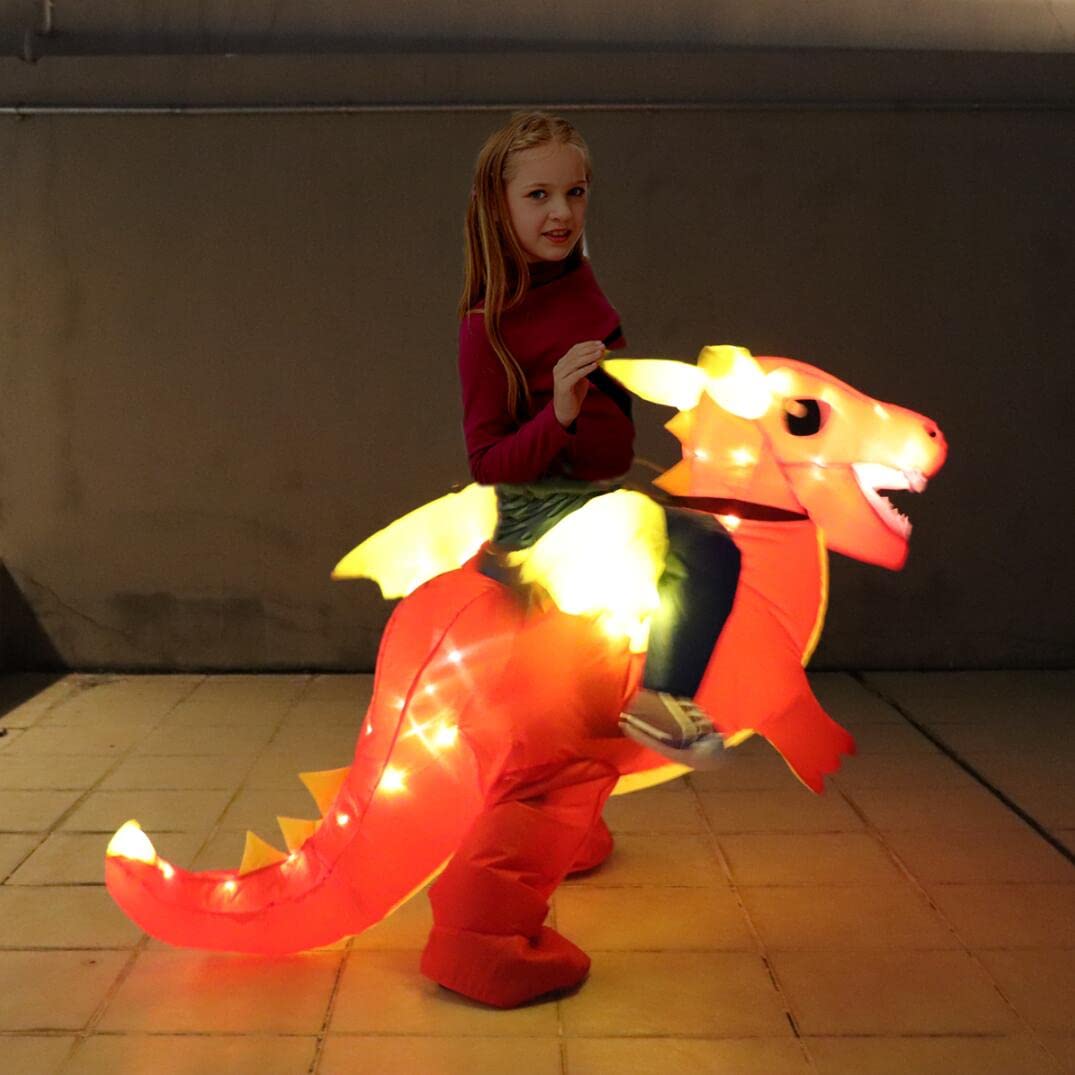 Bddedd Kids Inflatable Costume, Blow Up Red Dragon Dinosaur T-Rex Costumes With Led Light For Halloween Funny Party (Red Dinosau