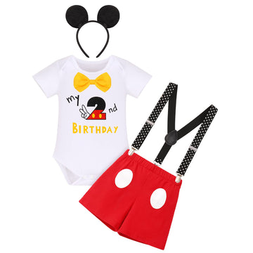 Gentleman Mouse 2Nd Birthday Outfits Boys Cake Smash Photo Props For Toddler Kid Baby Romper Suspenders Shorts Bloomers Headband
