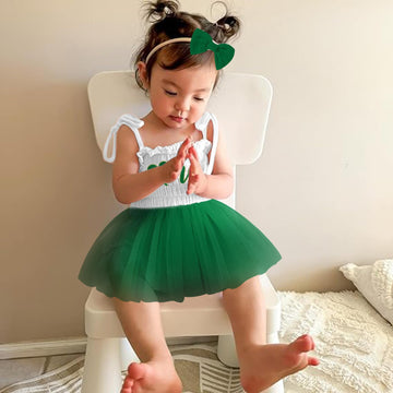 Titkkop Baby Girl 1St Birthday Clothes One Year Old Tulle Romper Sleeveless Bodysuit Cake Smash Outfits(Green-White,12-18M)