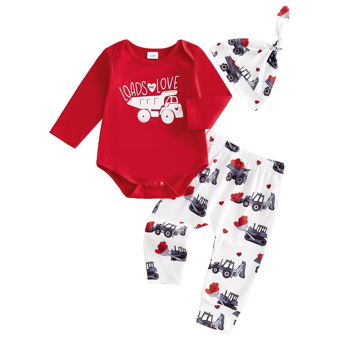 Newborn Baby Boy Valentines Day Outfit Letter Print Long Sleeve Romper Cart Love Heart Pants Hat Set 3Pcs Clothes (Red, 0-3 Mont
