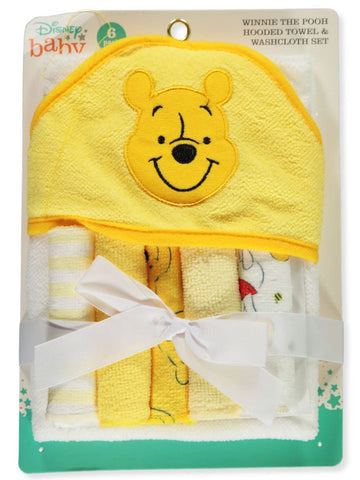 Cudlie Accessories Disney Baby Winnie The Pooh Hooded Towel With 5 Piece Washcloth Set, Honey Collector Print, Gs71798, Yellow