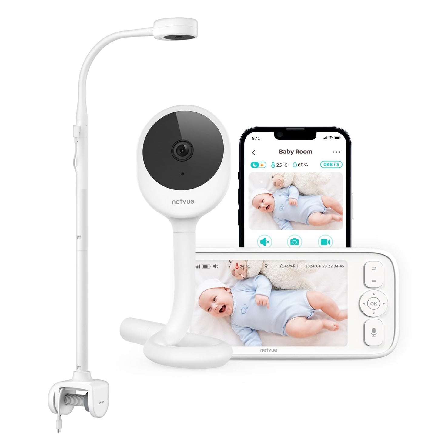 Netvue Peekababy Baby Camera Monitor Video - Baby Monitor With Camera And Audio, 5 ' Display, 2-Way Talk, 4 In 1 Bracket Meets