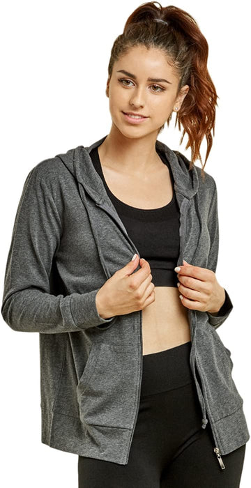 Sofra Womens Thin Cotton Zip Up Hoodie Jacket, Charcoal, Large