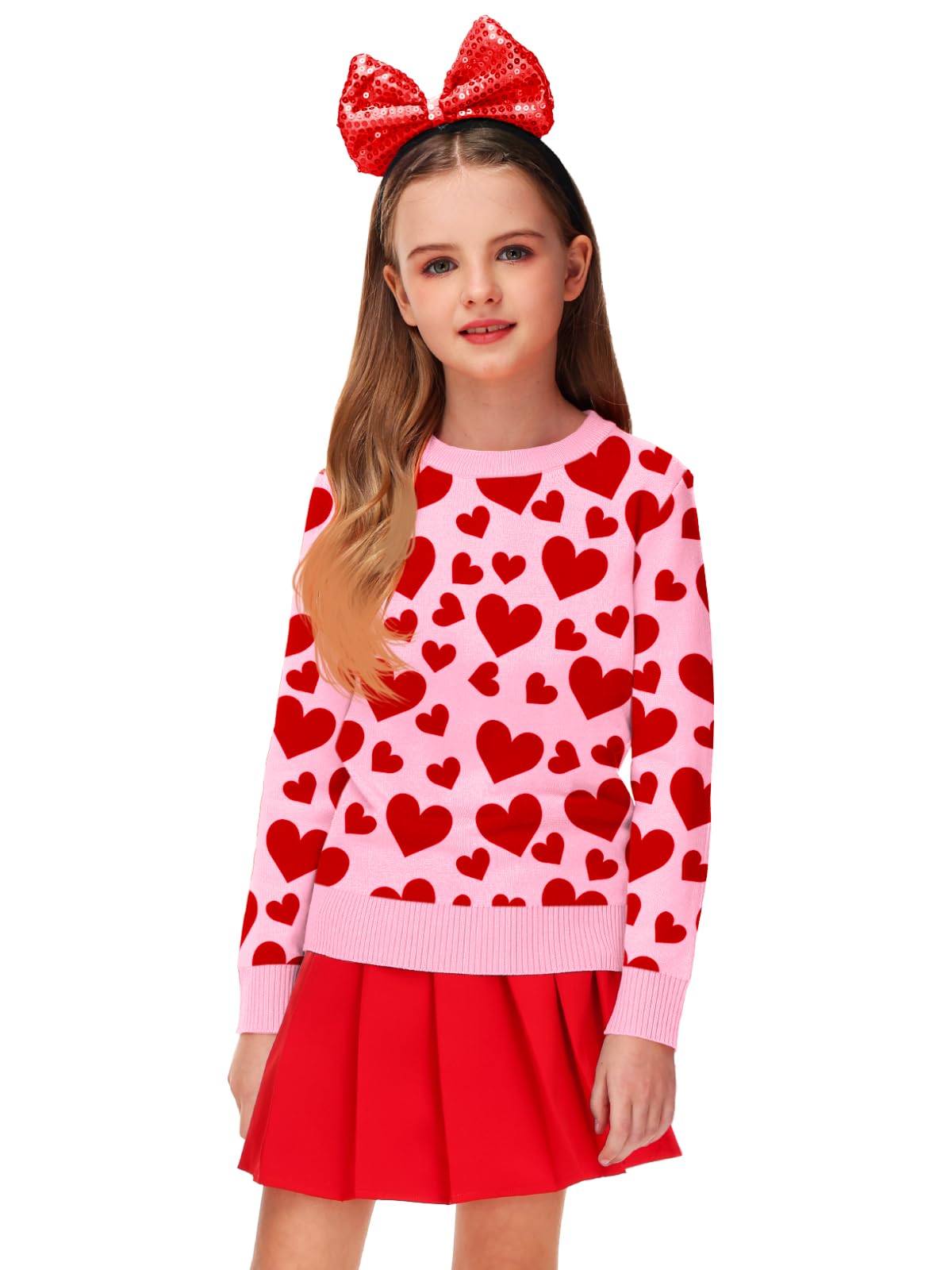 Red Heart Sweater Tops For Girls Valentine Day Love Sweatshirts Unisex Kids Long Sleeve Outfit Pink 5-6 Years