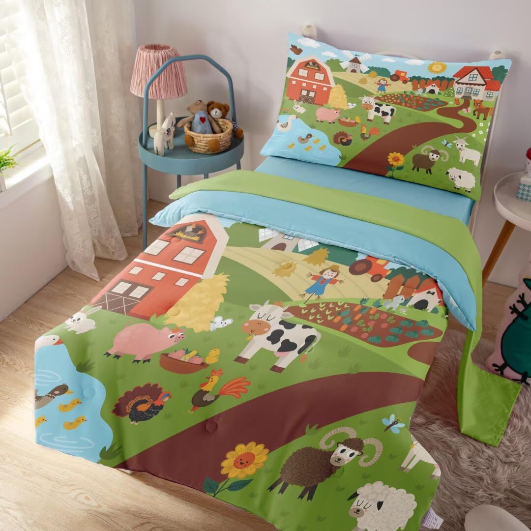 Ckou Ccoo 4 Pieces Toddler Comforter Set,Farm Animals Soft Lightweight Bedding Set For Baby Girls Boys,Toddler Quilt Kids Toddle