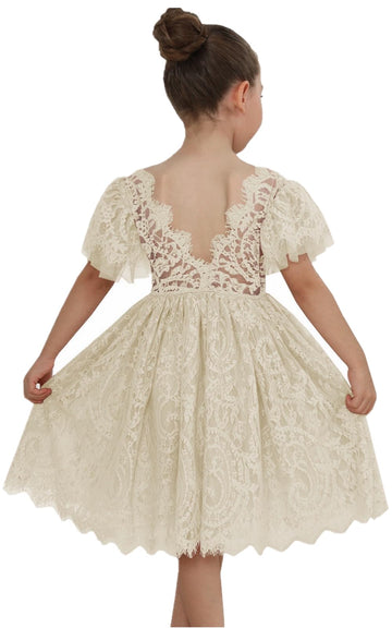 2Bunnies Girl Paisley Lace Back A-Line Tutu Tulle Party Flower Girl Dress (All Lace Flutter Sleeve Knee-Ivory, 9/10)