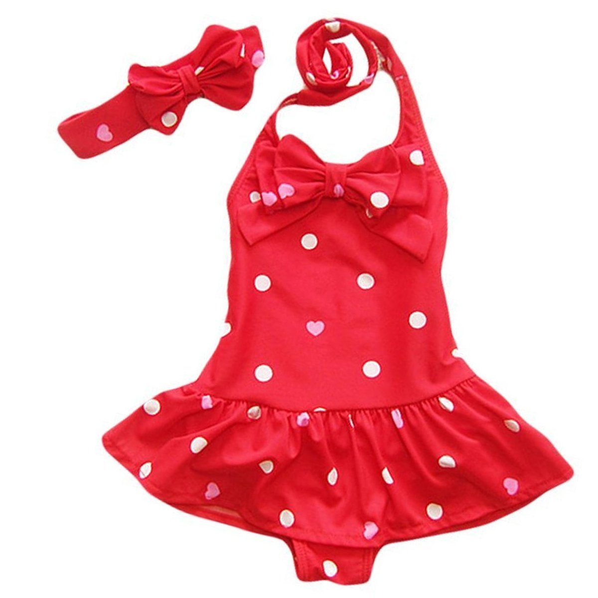 Jastore Baby Girls Swimwear One Piece Swimsuits Beach Wear With Headband (12-24 Months,Red)