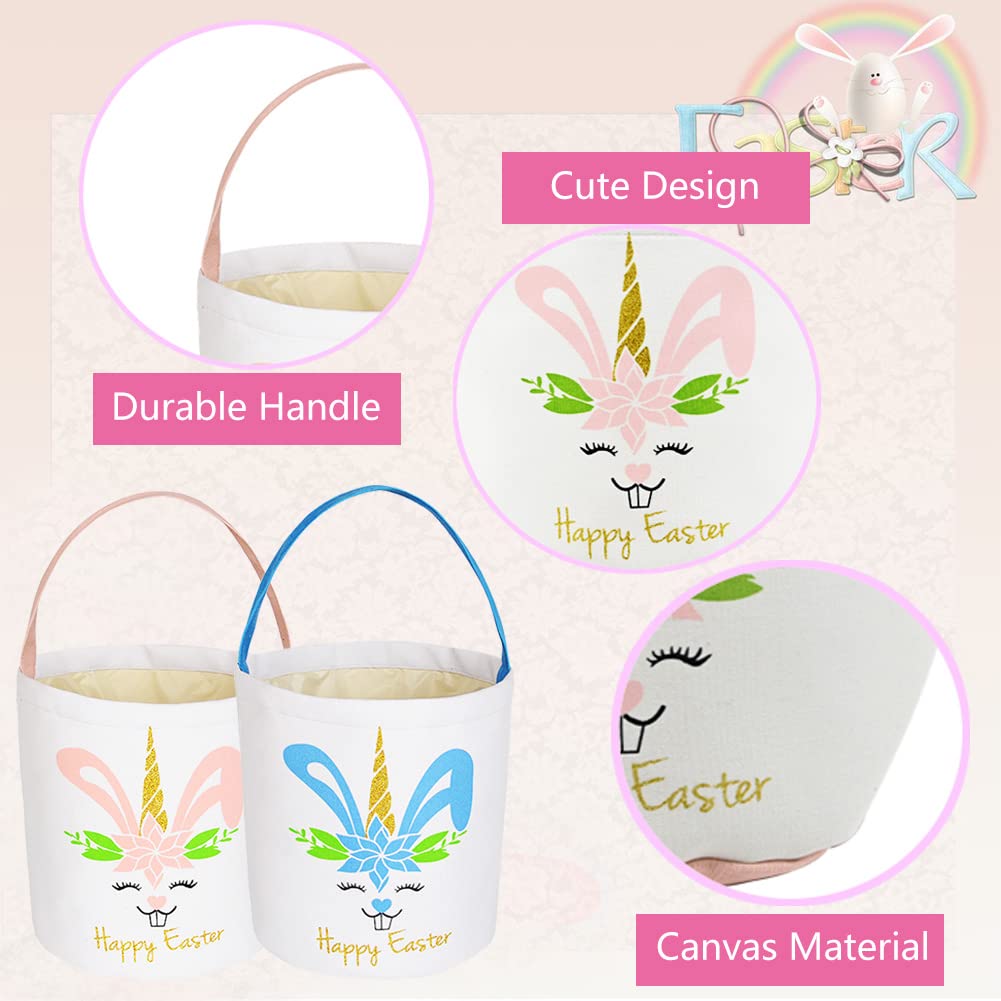 2 Pcs Easter Canvas Bunny Baskets For Kids, Personalized Unicorn Tote Bags For Easter Party Decoration, Toy Candy Gifts Storage,