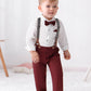 Disaur Toddler Boy Wedding Outfits Short Sleeve White Flower Dress Shirt Bow Tie Suspender Christmas Red Plaid Pants Baptism Out
