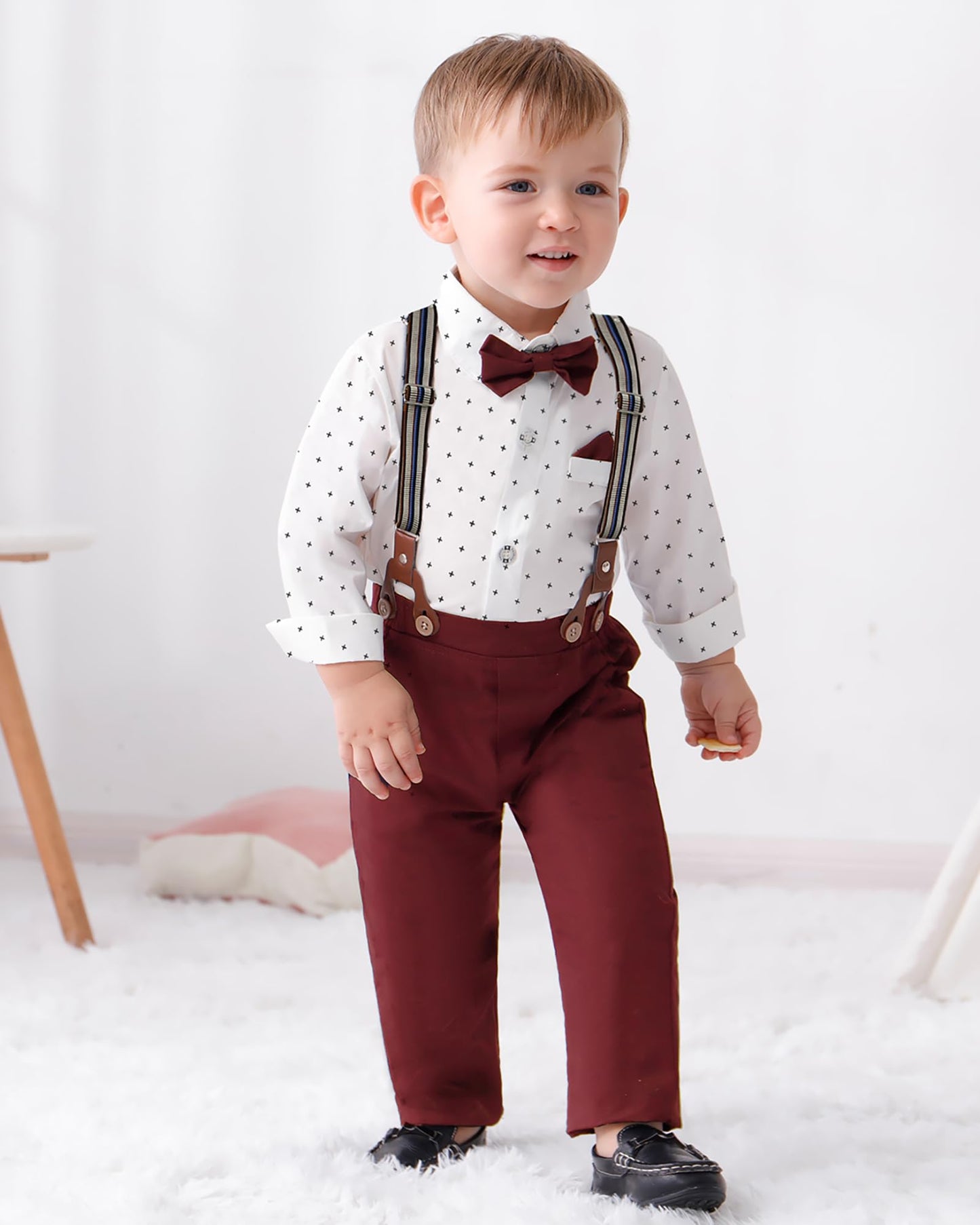 Disaur Toddler Boy Wedding Outfits Short Sleeve White Flower Dress Shirt Bow Tie Suspender Christmas Red Plaid Pants Baptism Out