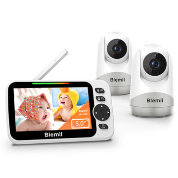 Blemil Baby Monitor,5 Large Split-Screen Video Baby Monitor with 2 Cameras and Audio, Remote Pan/Tilt/Zoom, Two-Way Talk, Room T