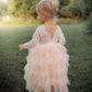 2Bunnies Girl Peony Lace Back A-Line Tiered Tutu Tulle Flower Girl Dress (Pink Long Sleeve Maxi, 4T)