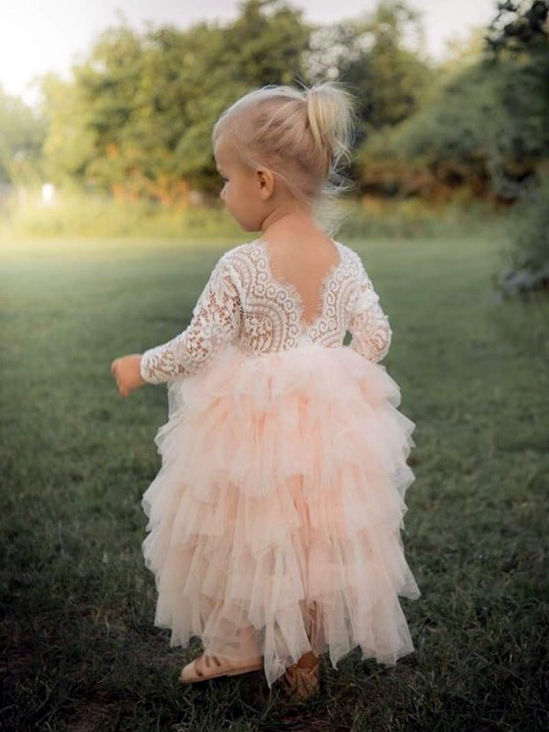 2Bunnies Girl Peony Lace Back A-Line Tiered Tutu Tulle Flower Girl Dress (Pink Long Sleeve Maxi, 9-10Yrs)