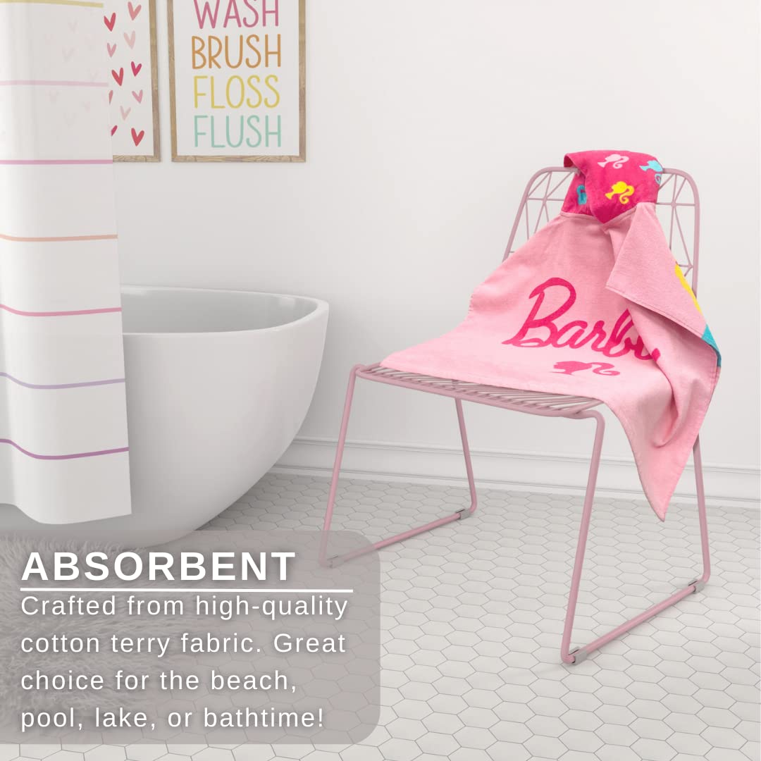 Franco Barbie Kids Beach/Pool/Bath/Camping Hooded Towel Poncho 24' X 22', Absorbent Cotton Cover Up, (100% Official Licensed B