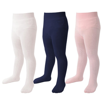 Marchare Baby Girls Tights Thick Solid Cable Knit Leggings Winter Warm Stockings For Toddler Girls 1-2T Navy/Ivory/Pink 3 Pack