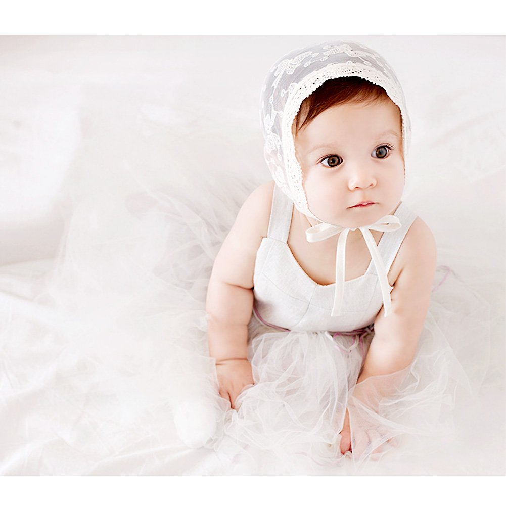 Imleck Infant Bucket Sun Hat Bow Full Lace Flower Bonnet Child Hat  Ivory White