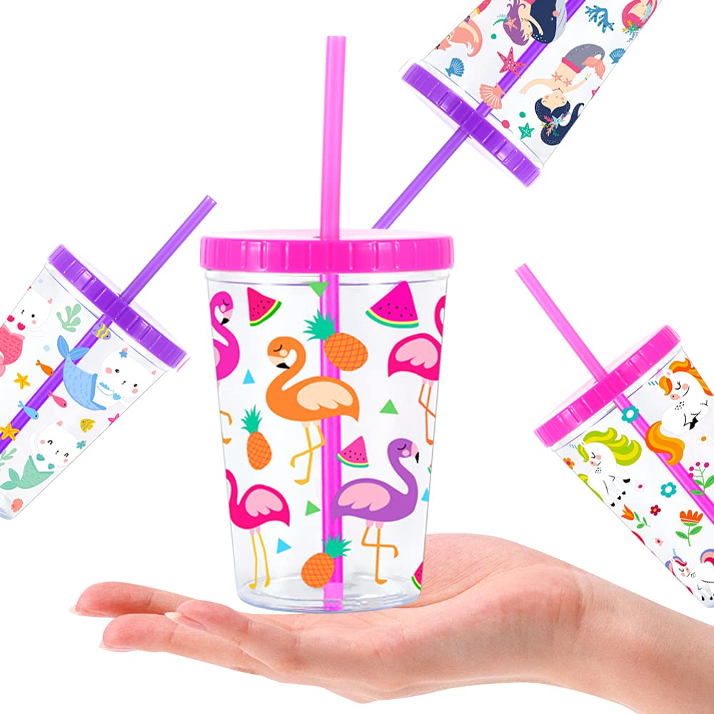 Home Tune 16Oz Kids Tumbler Water Drinking Cup 4 Pack - Bpa Free, Straw Lid Cup, Reusable, Lightweight, Spill-Proof, Cute Design