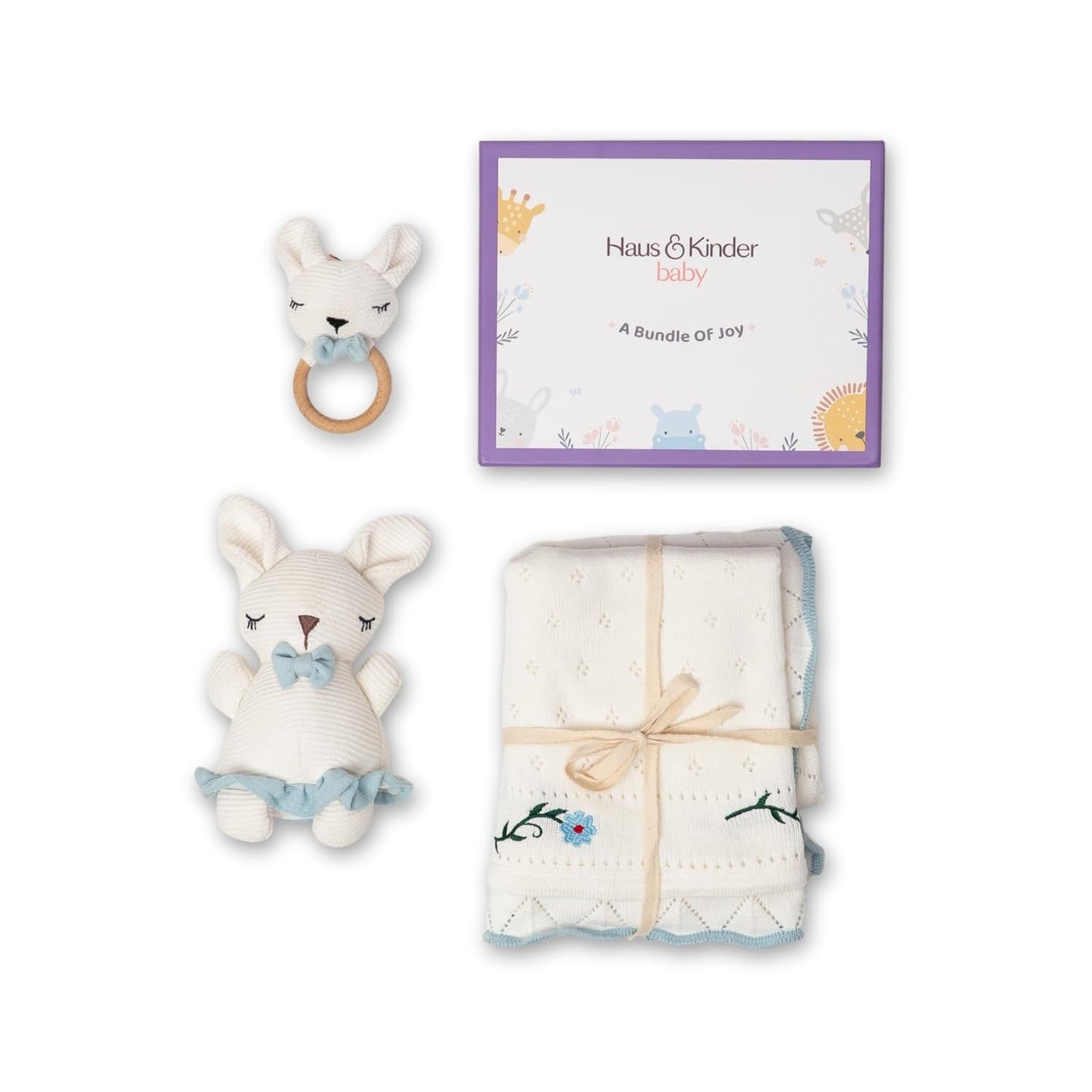 Haus & Kinder Newborn Gift Set Pack Of 3 | Knitted Baby Blanket, Bunny Toy & Baby Teether For Infants 024 Months | Infant Essen