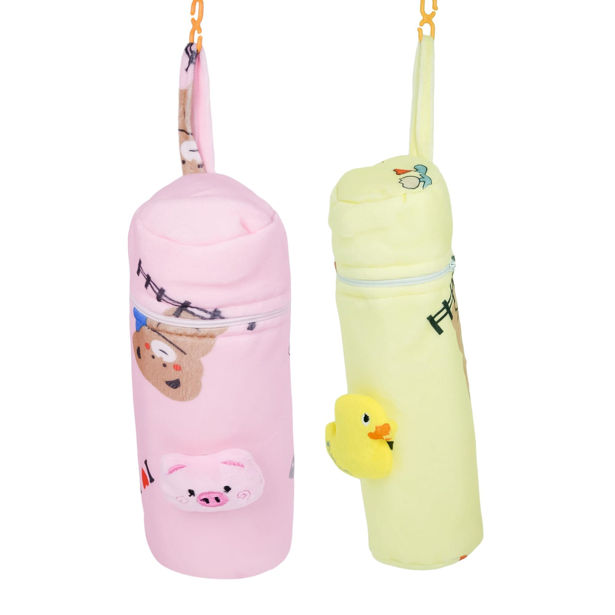 The Little Lookers Soft Plush Stretchable Baby Feeding Bottle Cover With Easy To Hold Strap (Zip Closure 240Ml/8Oz, Pink & Yello