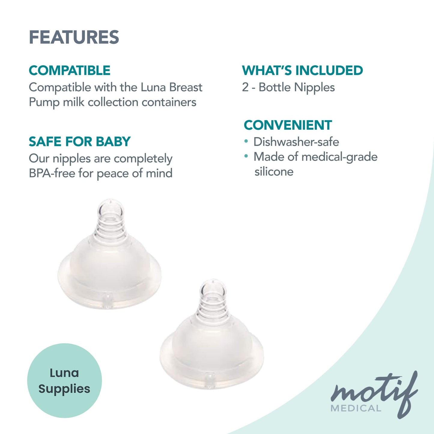 Motif Medical Slow-Flow Baby Bottle Nipples For Luna