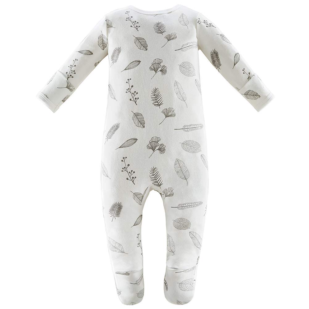 Owlivia Organic Cotton Baby Pajamas, Boys Girls Zip Front Sleep  'N Play, Footed Sleeper, Long Sleeve(0-3 Months, Grey Leaf)