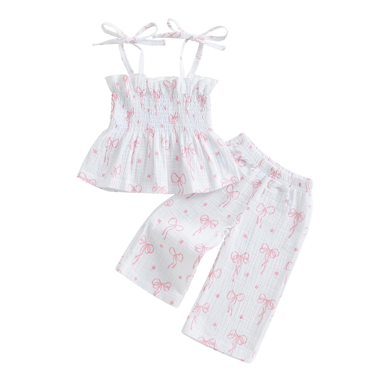 Visgogo Valentines Day Baby Girl Outfits Sleeveless Smocked Strap Camisole Linen Pants Heart/Bow Baby Summe Clothes (Bow&Daisy,
