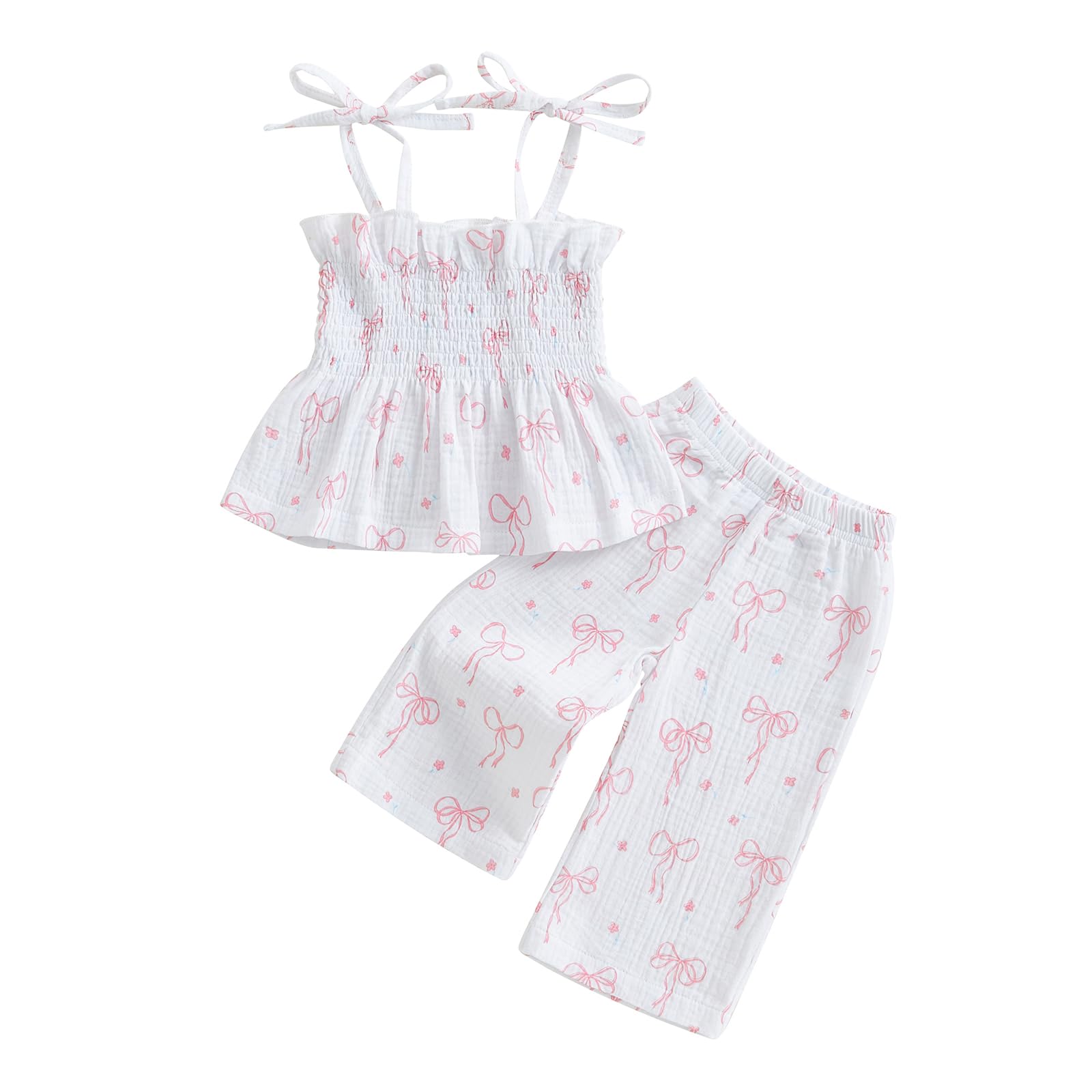 Visgogo Valentines Day Baby Girl Outfits Sleeveless Smocked Strap Camisole Linen Pants Heart/Bow Baby Summe Clothes (Bow&Daisy,