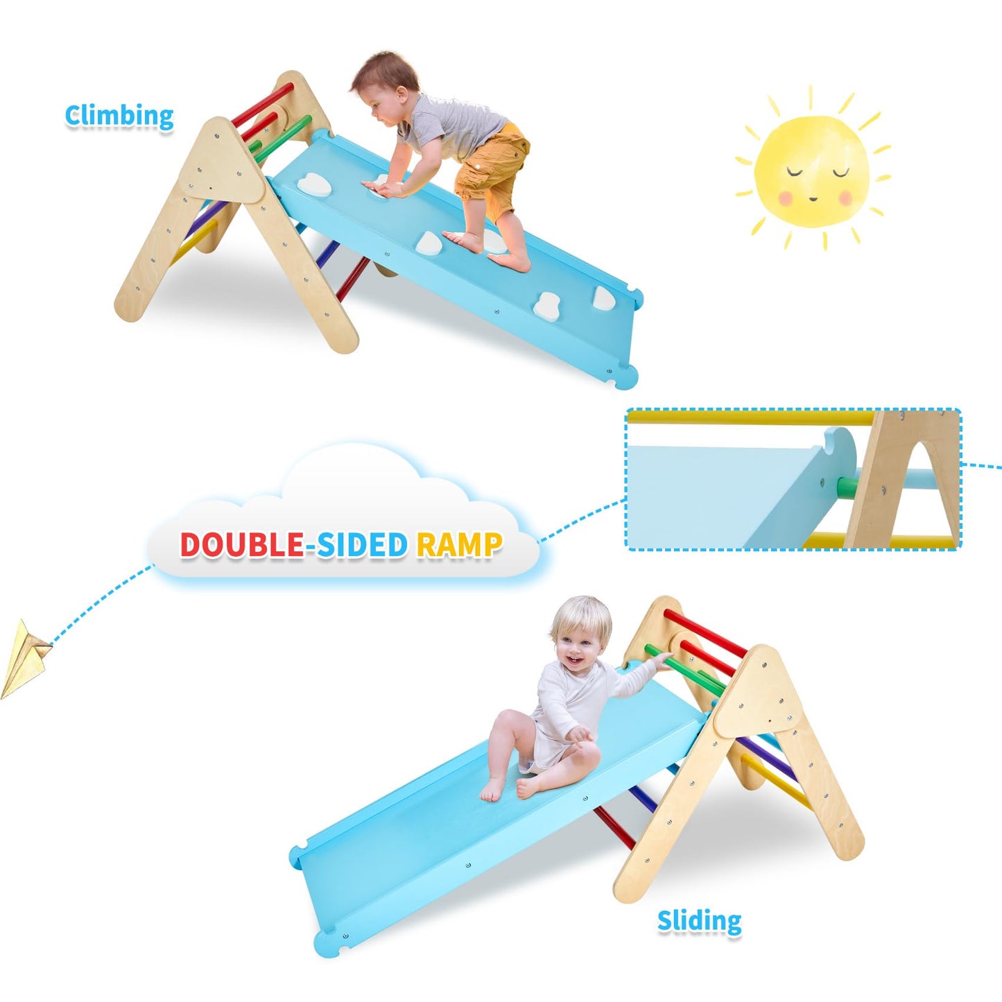 Gome Toddler 5In1 Play Gym With Ramp & Detachable Arch, Indoor Climbing Triangle Set For Sliding Or Rocking