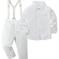 Disaur Toddler Boy Wedding Guest Outfit Short Sleeve White Flower Dress Shirt Bow Tie Suspender White Plaid Pants Baby Formal Ou