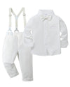 Disaur Toddler Boy Wedding Guest Outfit Short Sleeve White Flower Dress Shirt Bow Tie Suspender White Plaid Pants Baby Formal Ou