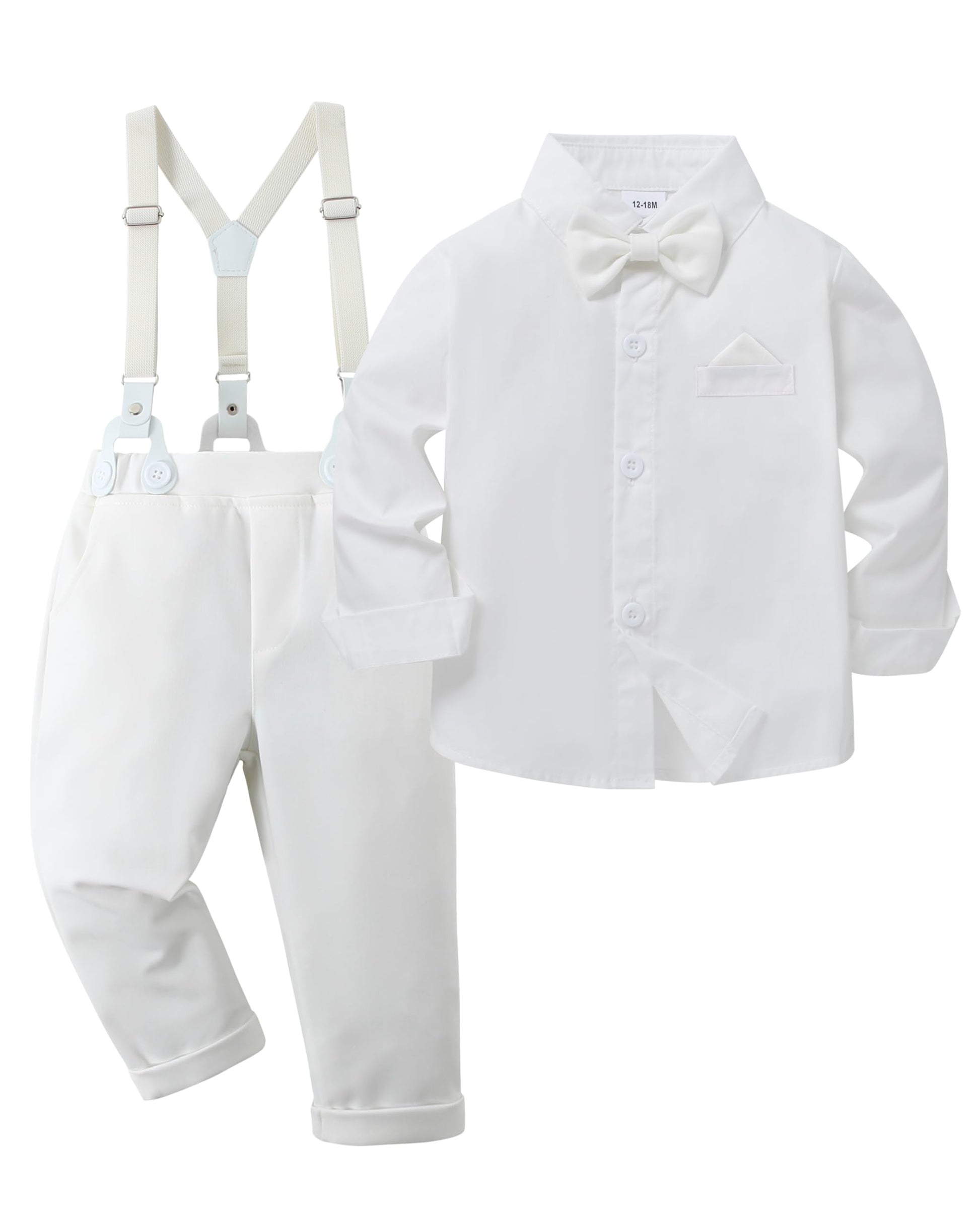 Disaur Toddler Boy Wedding Guest Outfit Short Sleeve White Flower Dress Shirt Bow Tie Suspender White Plaid Pants Baby Formal Ou