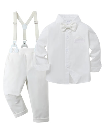 Disaur Toddler Boy Wedding Guest Outfit Short Sleeve White Flower Dress Shirt Bow Tie Suspender White Plaid Pants Baby Formal Ou