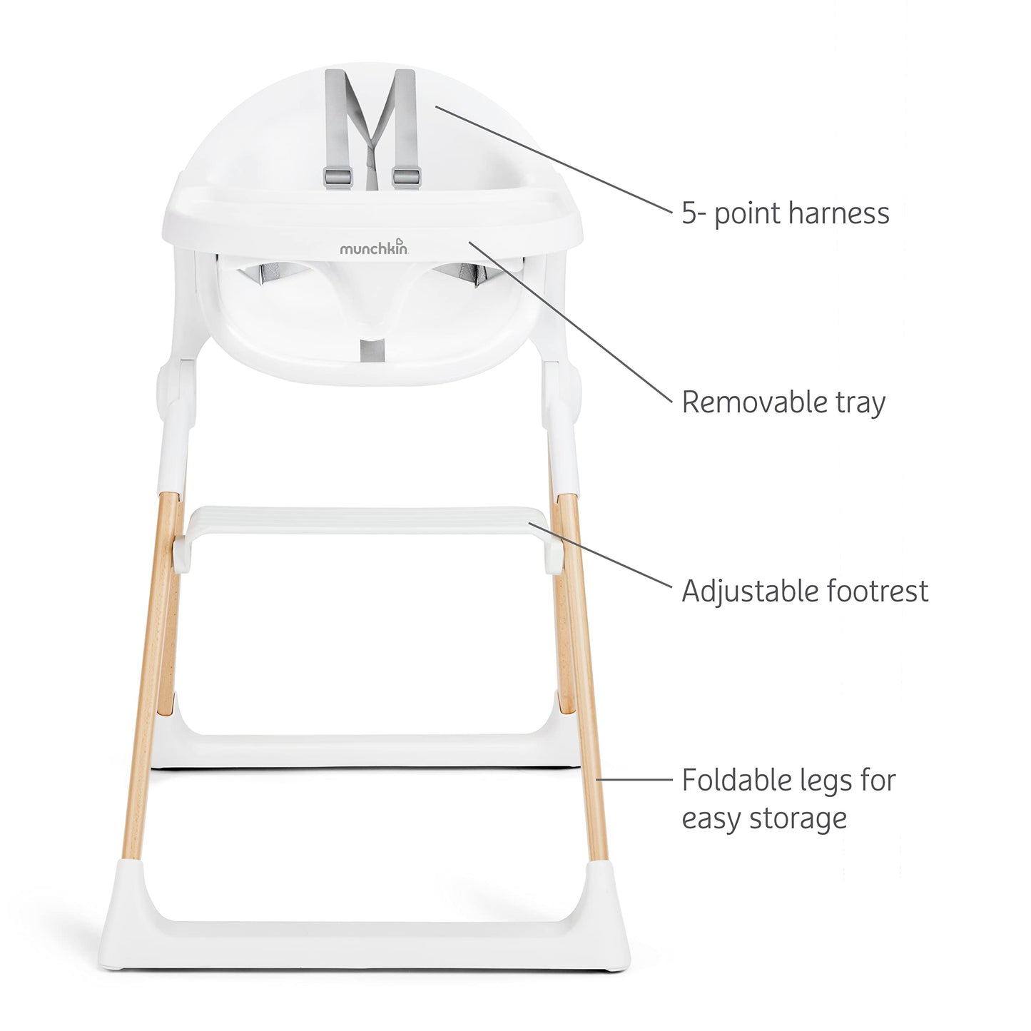 Munchkin Float Baby High Chair, Foldable And Easy To Clean, For Babies And Toddlers, White With Wooden Legs