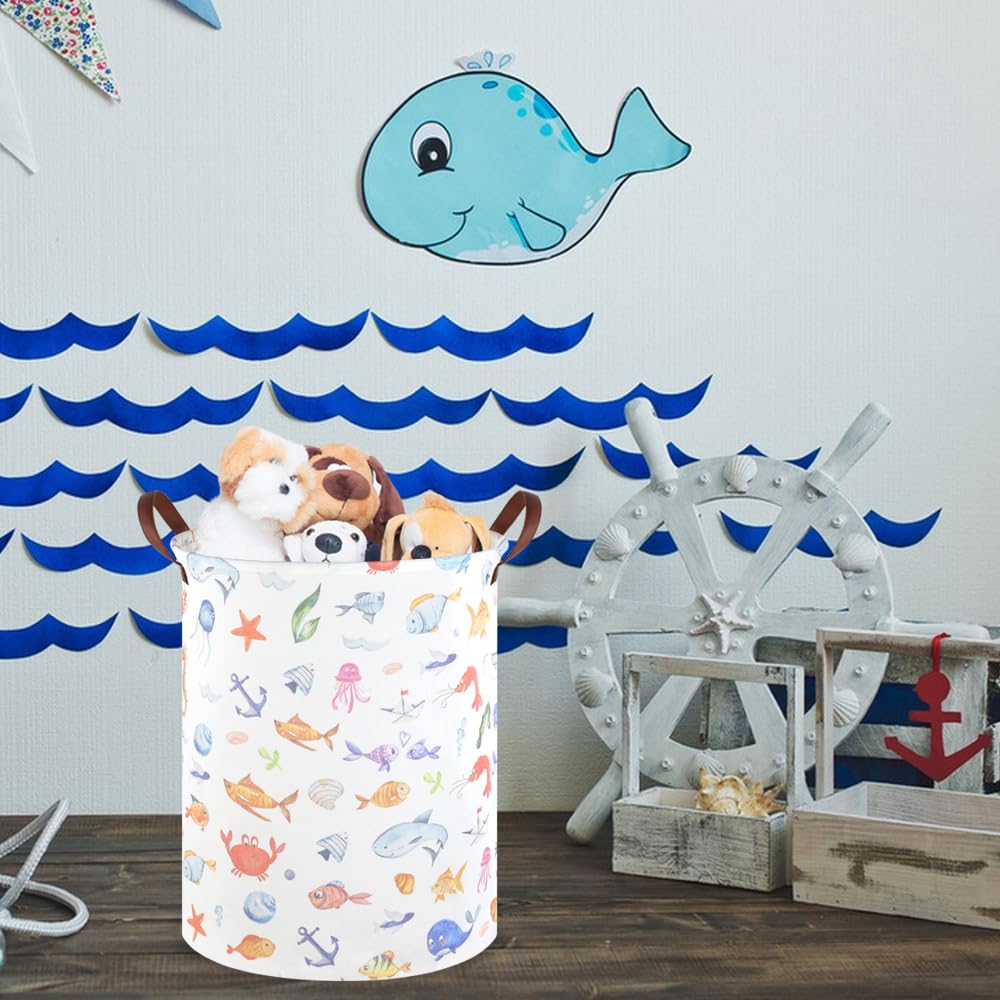 Fxocshe Marine Animal Kids Waterproof Foldable Laundry Basket,Fish Hamper,Nursery Hamper,Baby Storage Baskets For Boy Room,Gift