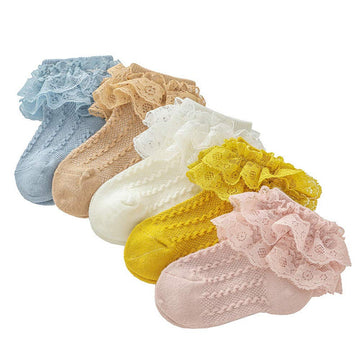 Qandsweet Baby Girls' Eyelet Flower Socks Ankle Sock For Newborn Infant Toddlers Kids (2-4 Years, Blue/Brown/Cream/Yellow/Pink)