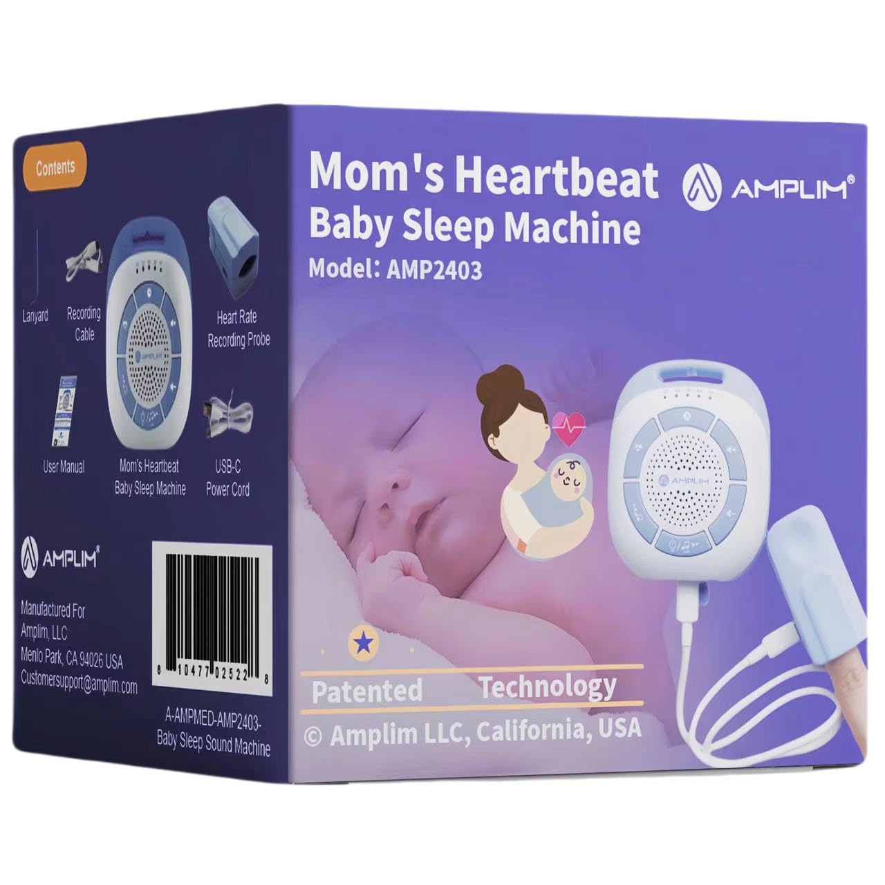 Amplim Record Moms Heartbeat Newborn Baby Soother. White Noice Sound Machine for Kids, Adults + 19 Soothing Sound. Portable, Re