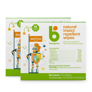 Babyganics Deet Free Travel Size Insect Repellant Wipes | Natural Plant Based, 30 Wipes (2 Packs Of 15)