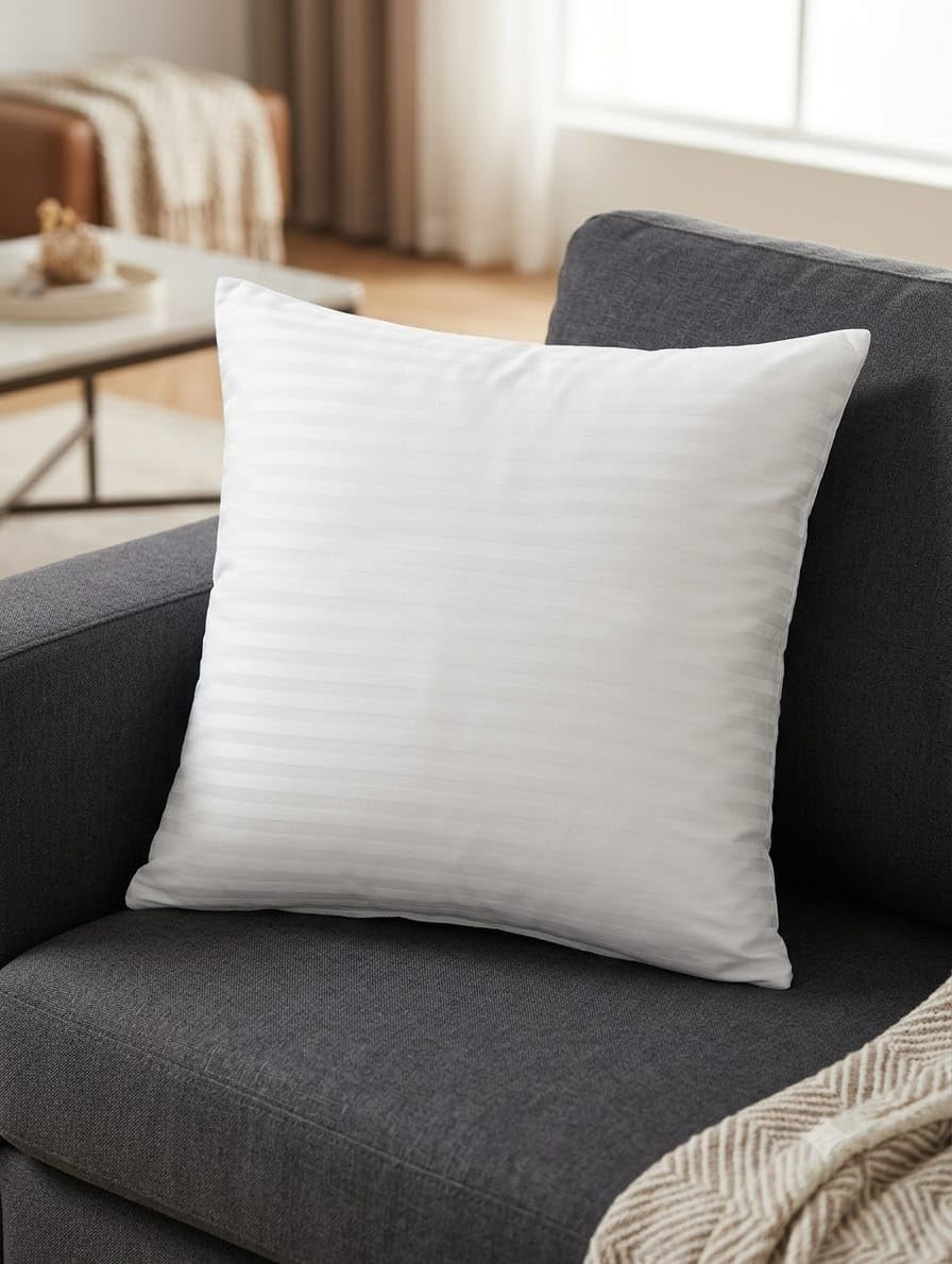 JAANVI PILLOW 18 x 18 Inch Sofa Cushion | White Stripe Polyester Fabric Cover | Soft Polyester Staple Fiber Filling | Square Cus