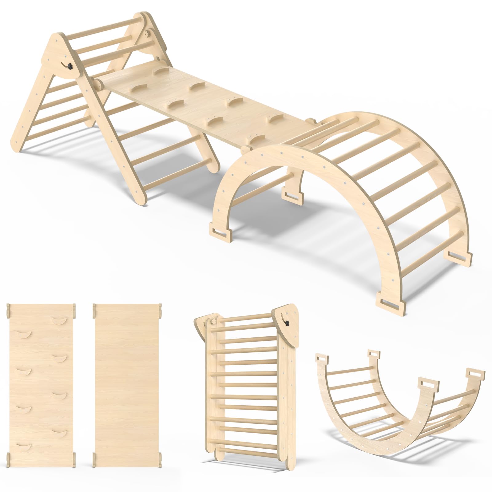 Cmfydaily 7 In 1 Montessori Pikler Triangle Set, Foldable Wooden Pickler-3 Piece Baby Climbing Gym Toddler Climbing Toys Indoor