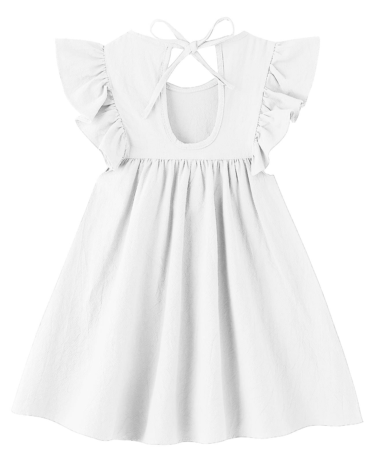 Lyxiof Toddler Baby Girl Cotton Linen Dress Ruffle Sleeve Halter Sleeveless Kids Casual Beach Dresses White 120Cm
