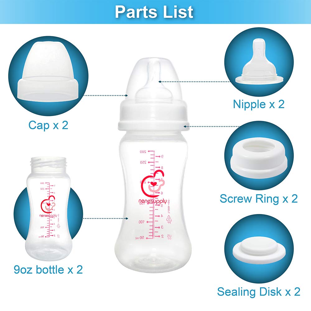 Nenesupply Feeding and Storage Bottles Collection for Spectra S1 S2 Motif Luna Breast Pumps 2 pc 9oz 280ml with Sealing Disc Ant