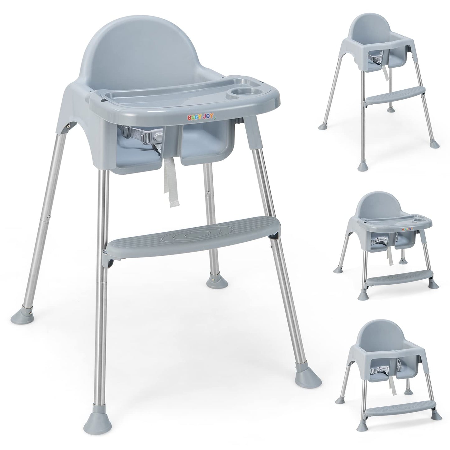 Baby Joy Baby High Chair, 4 In 1 Convertible High Chair With Adjustable Legs, Double Removable Tray, Safety Harness & Footrest,