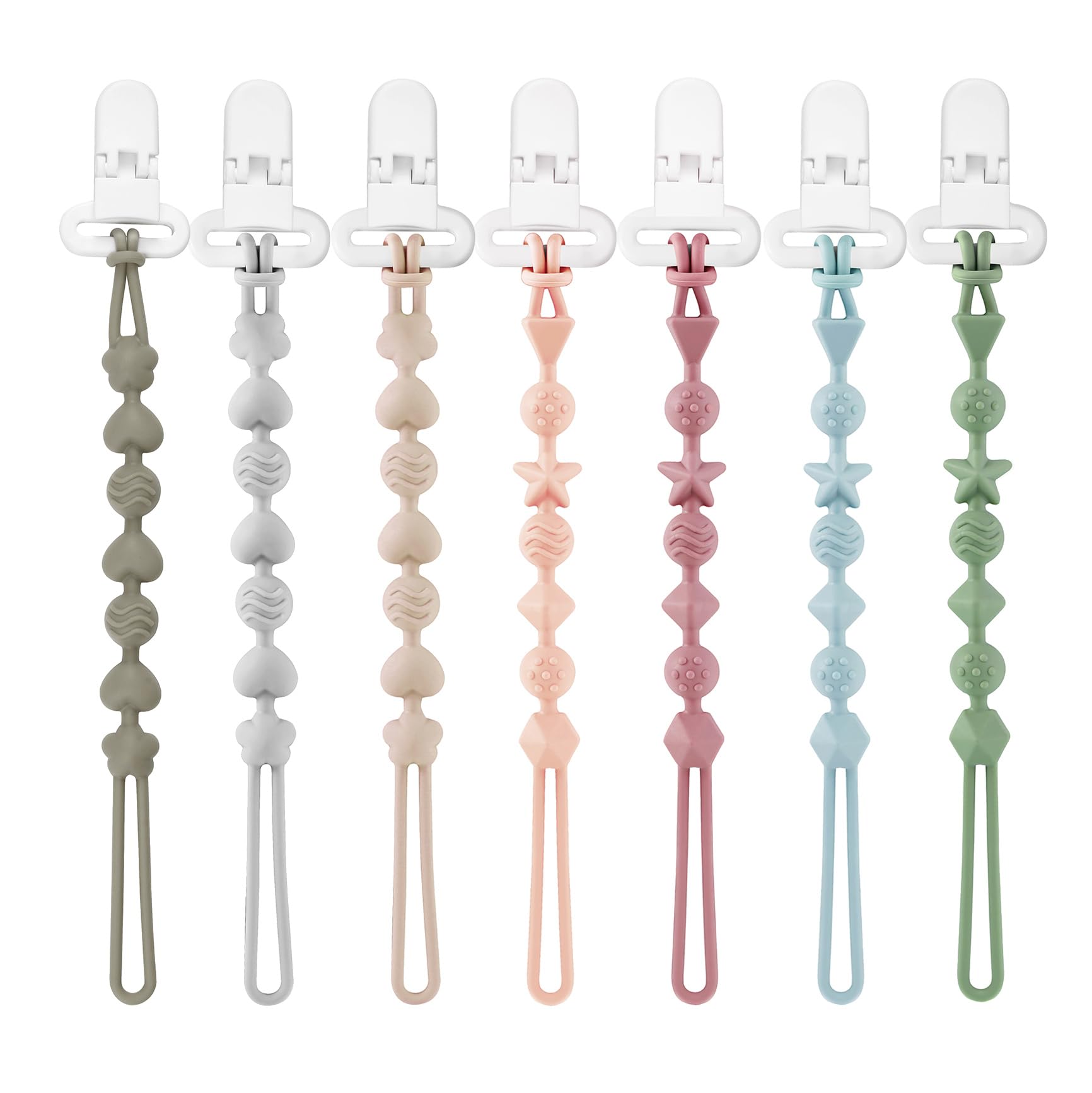 Pandaear 7 Pack Silicone Pacifier Clips, Pacifier Holder With One Piece Design For Baby Boys & Girls 3 Month+, Teething Toys Tee
